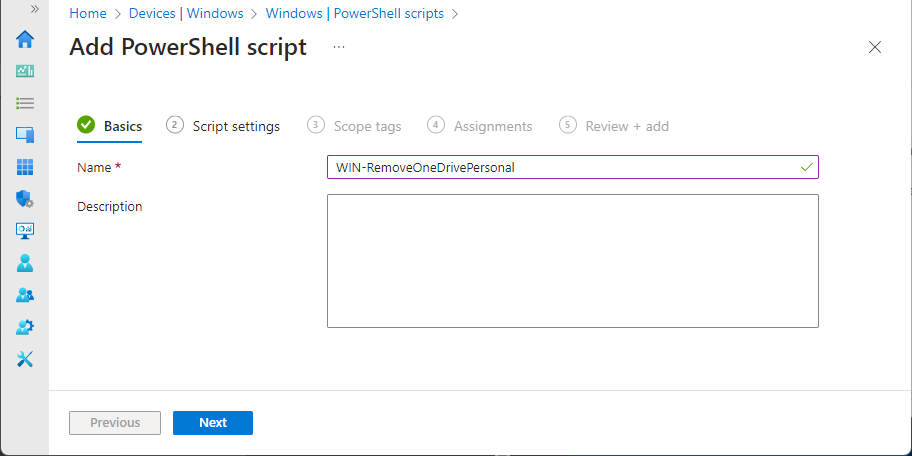 Adding a PowerShell script in Intune under Devices, Windows, PowerShell scripts